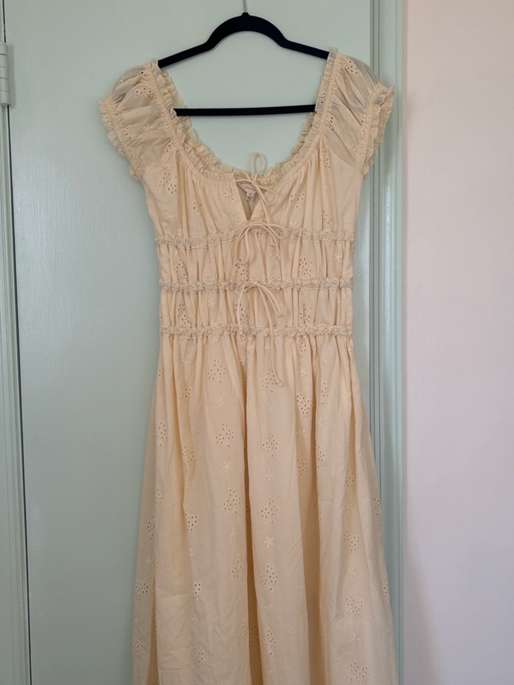 Women’s butter yellow Eyelet Midi Dress with Smocked Bodice